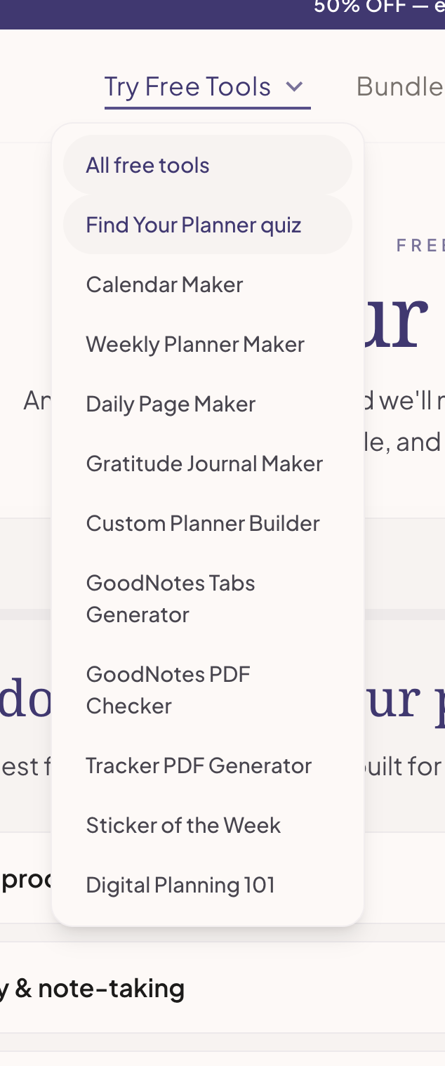 PlannerPier navigation menu showing the full set of free tools available under Try Free Tools.