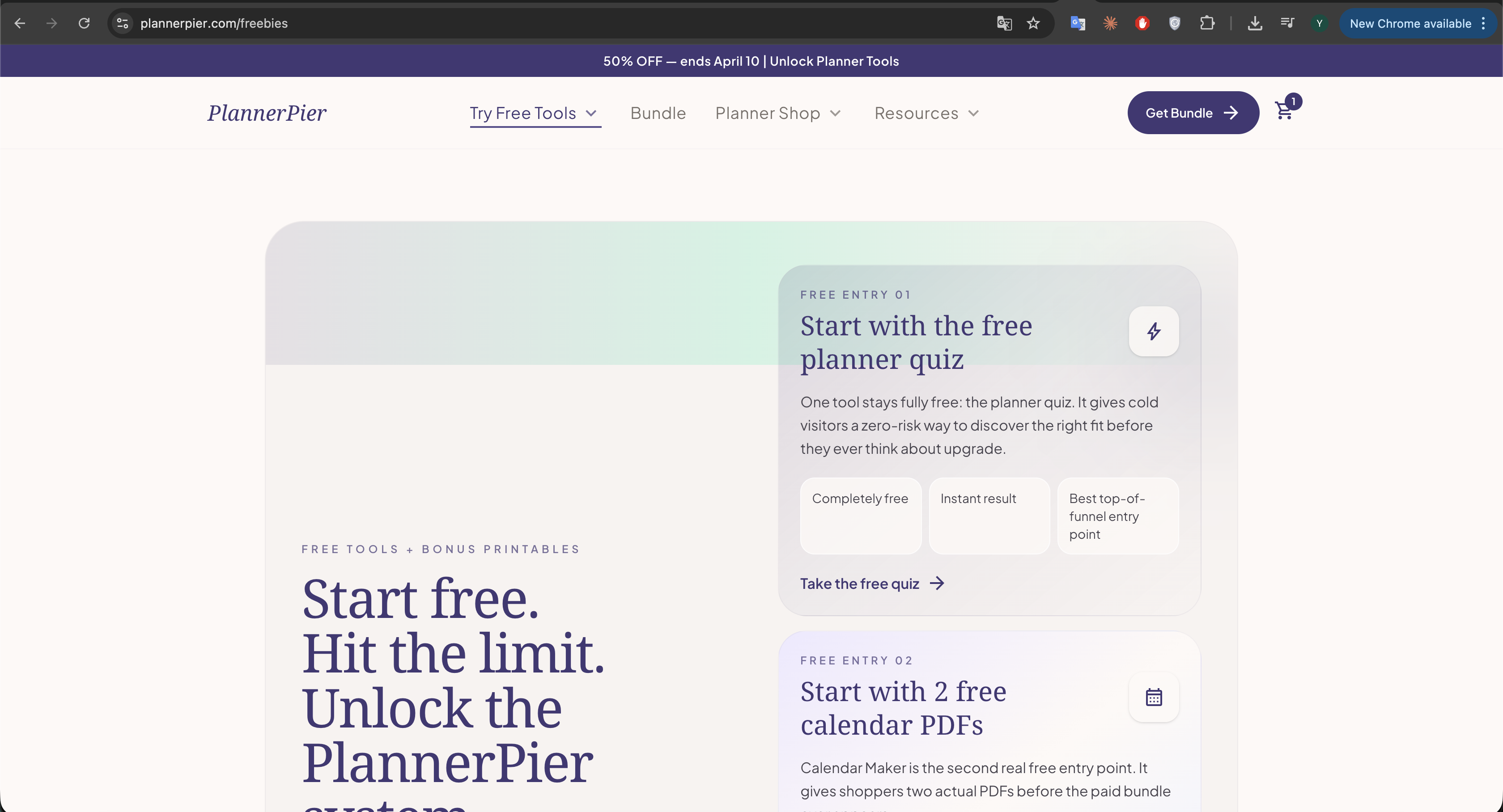 PlannerPier freebies page screenshot representing linked navigation and premium planner tools.