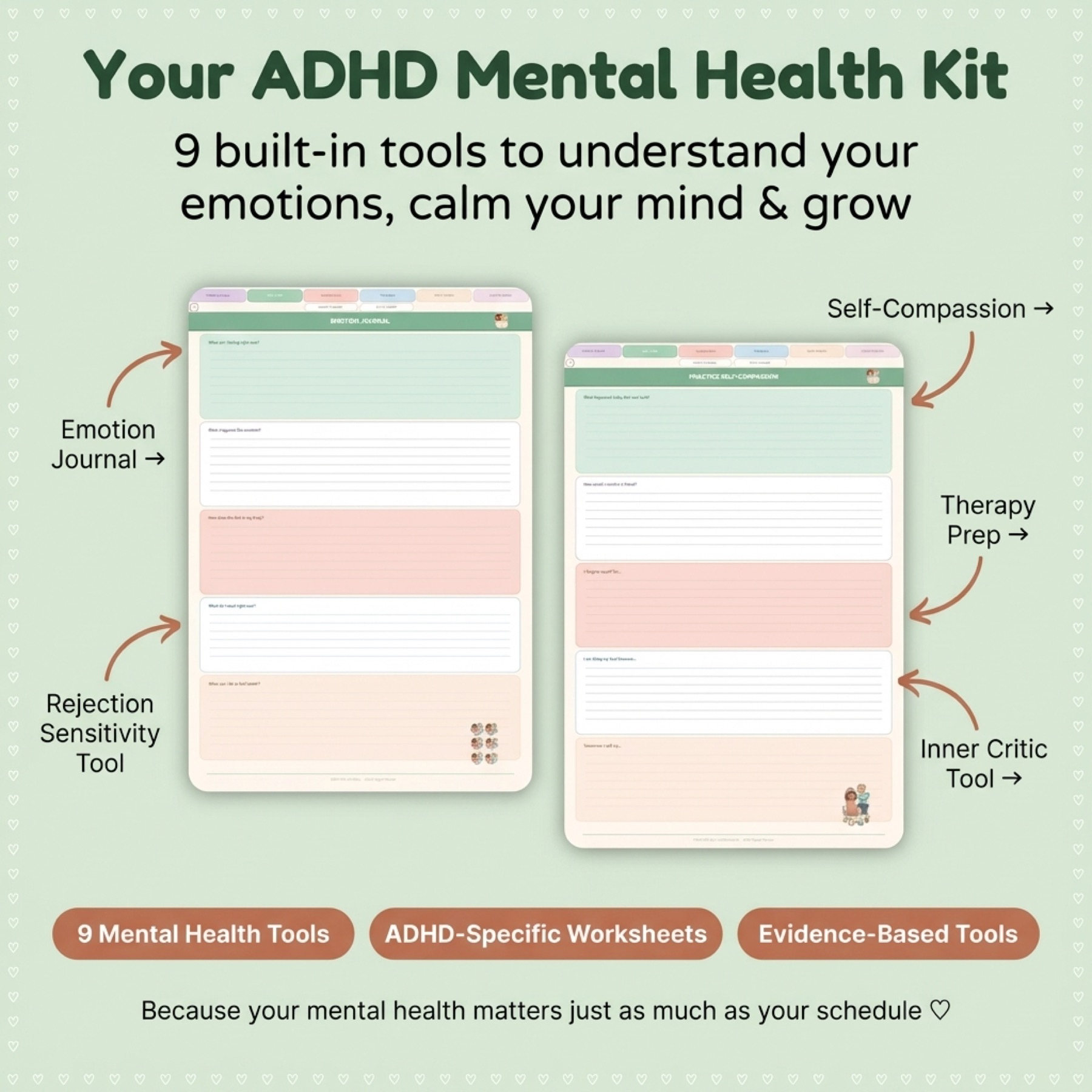 Mental health planning and reflection pages from the ADHD planner.