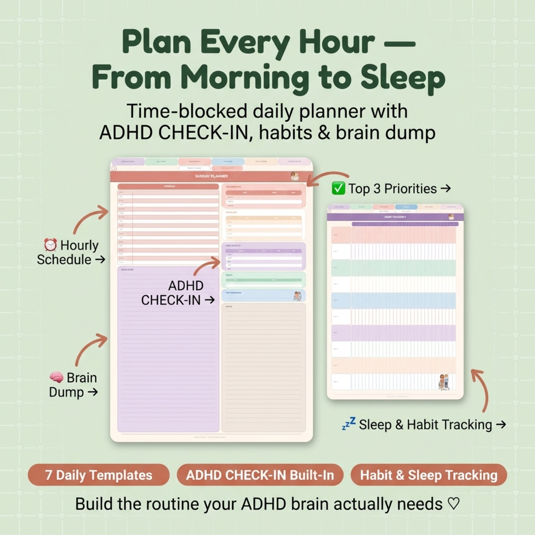 Daily routine and sleep support spreads from the ADHD planner.