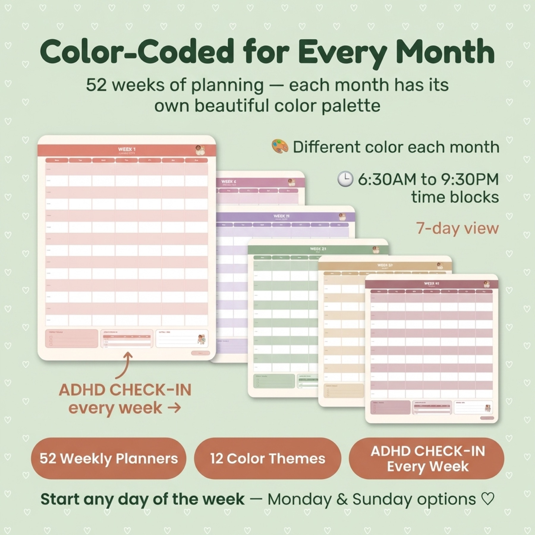 Weekly planning spreads with color-coded sections in the ADHD planner.