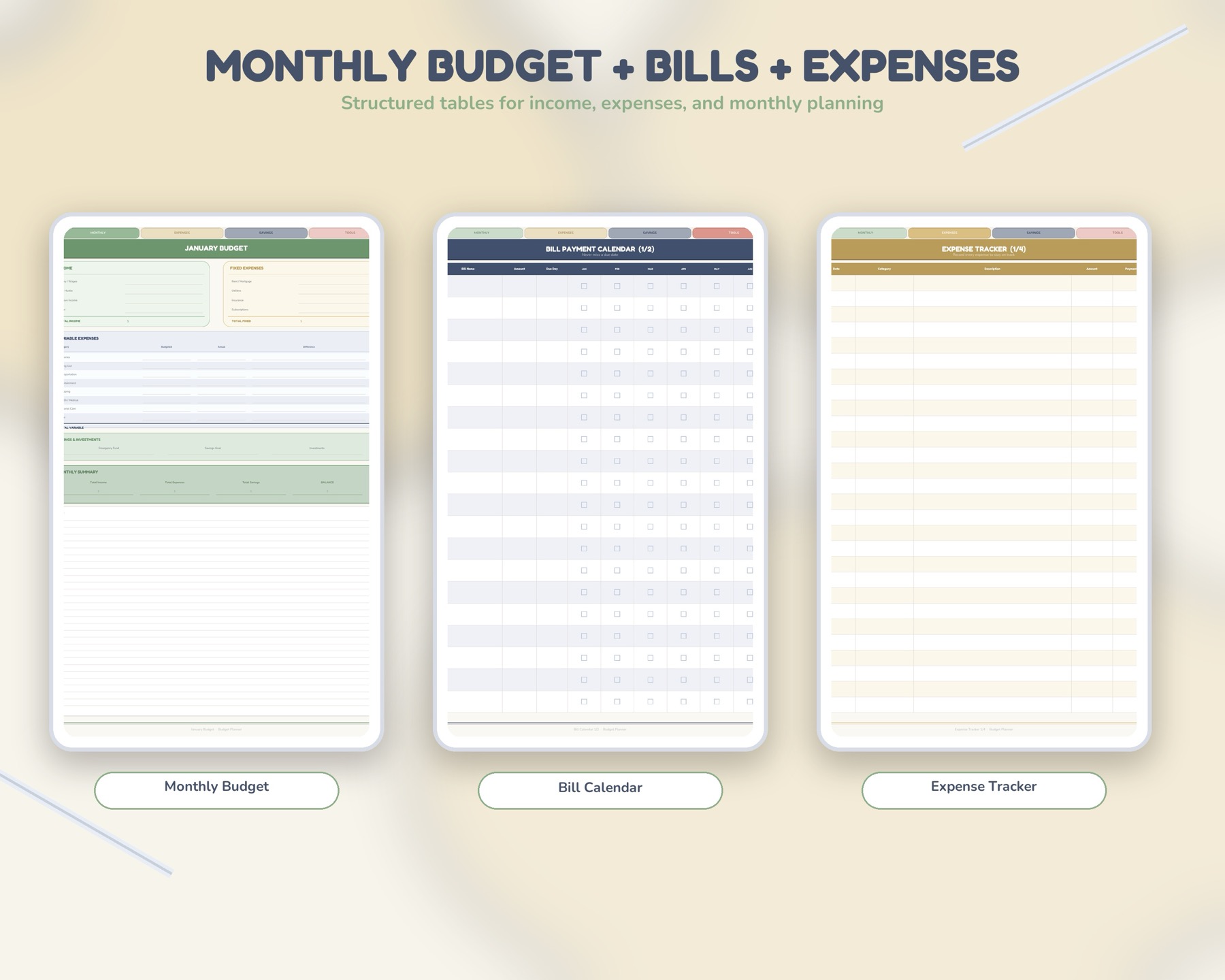 Budget, bills, and expense tracker spreads from the planner.