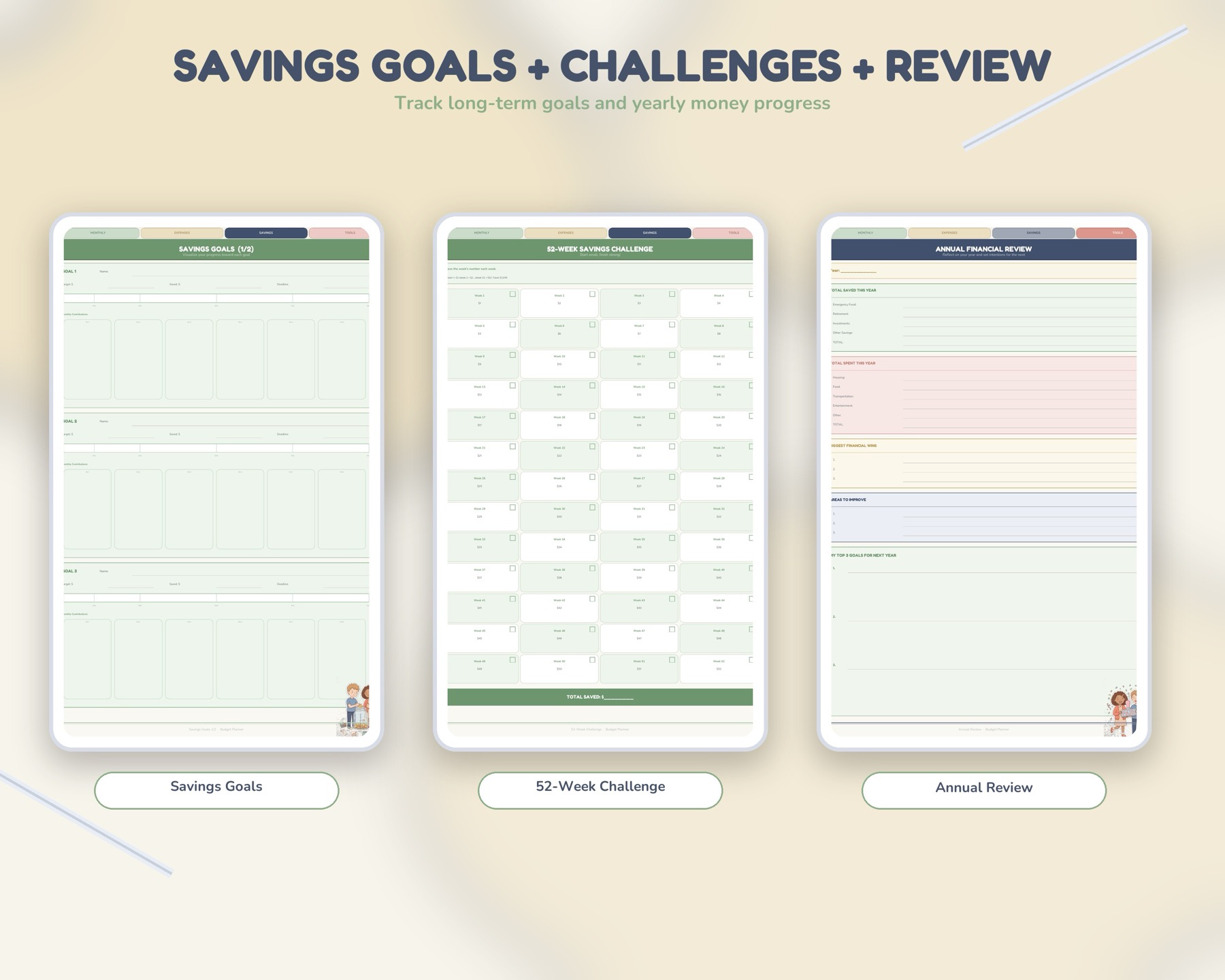 Savings goal and annual money review pages.
