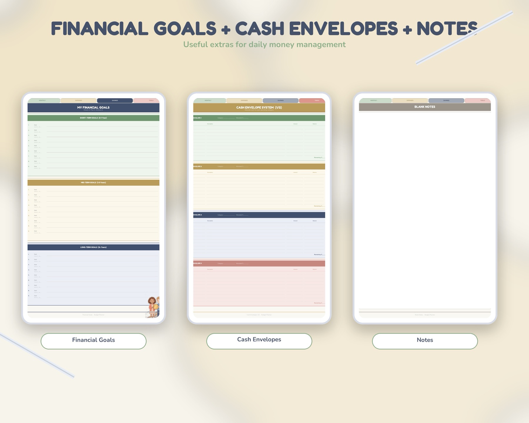 Goal planning, cash envelope, and notes pages from the budget planner.