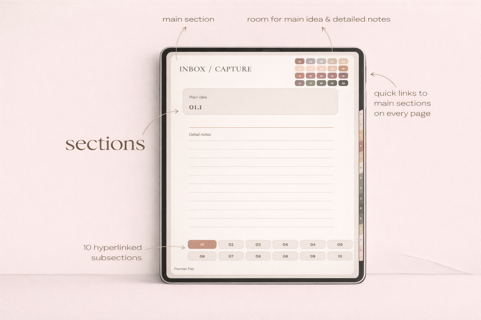 Section hubs and linked sub pages from the digital notebook.