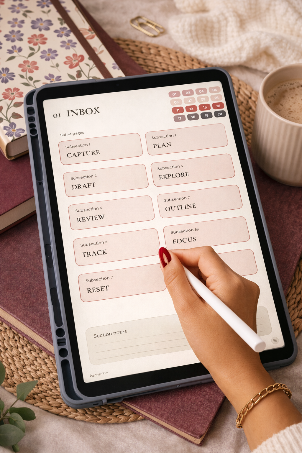 Lifestyle tablet mockup showing the digital notebook in use.