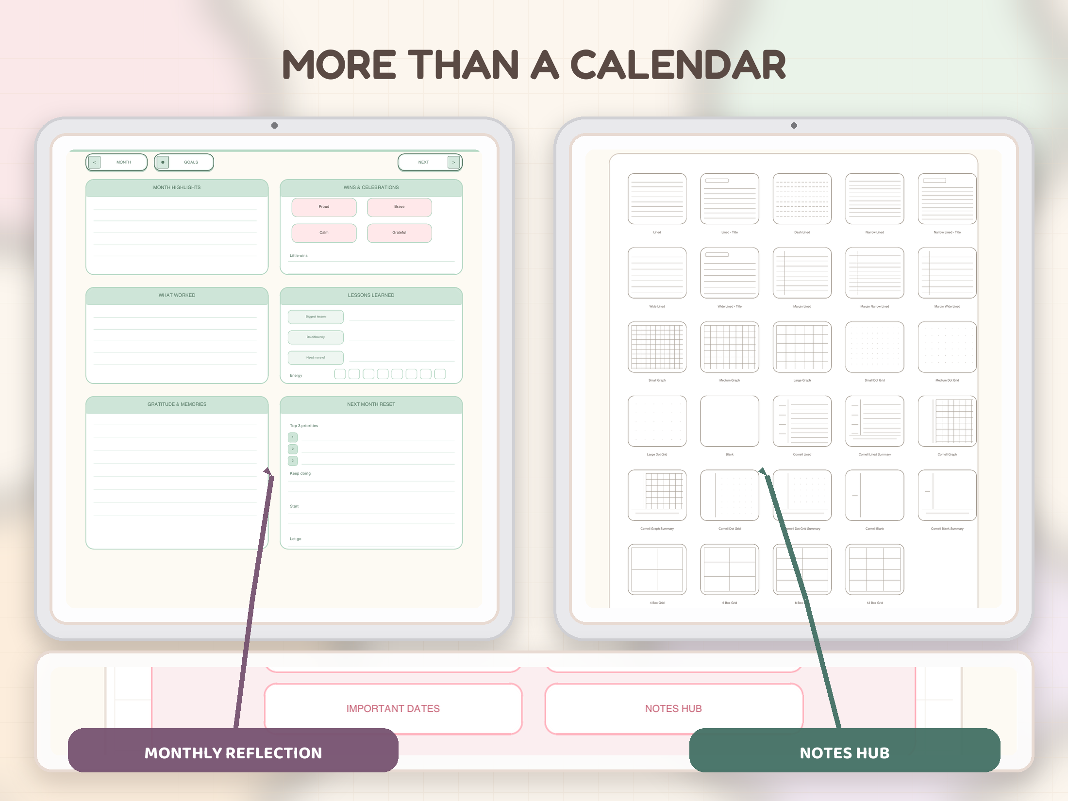 More than a calendar: monthly reflections, notes hub, and planning tools preview.