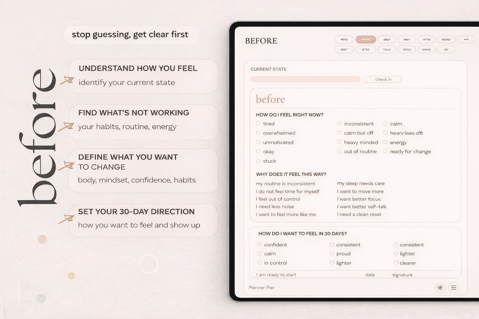 Before page of the 30 day glow up reset planner with self-check prompts, current state questions, and 30-day direction goals.