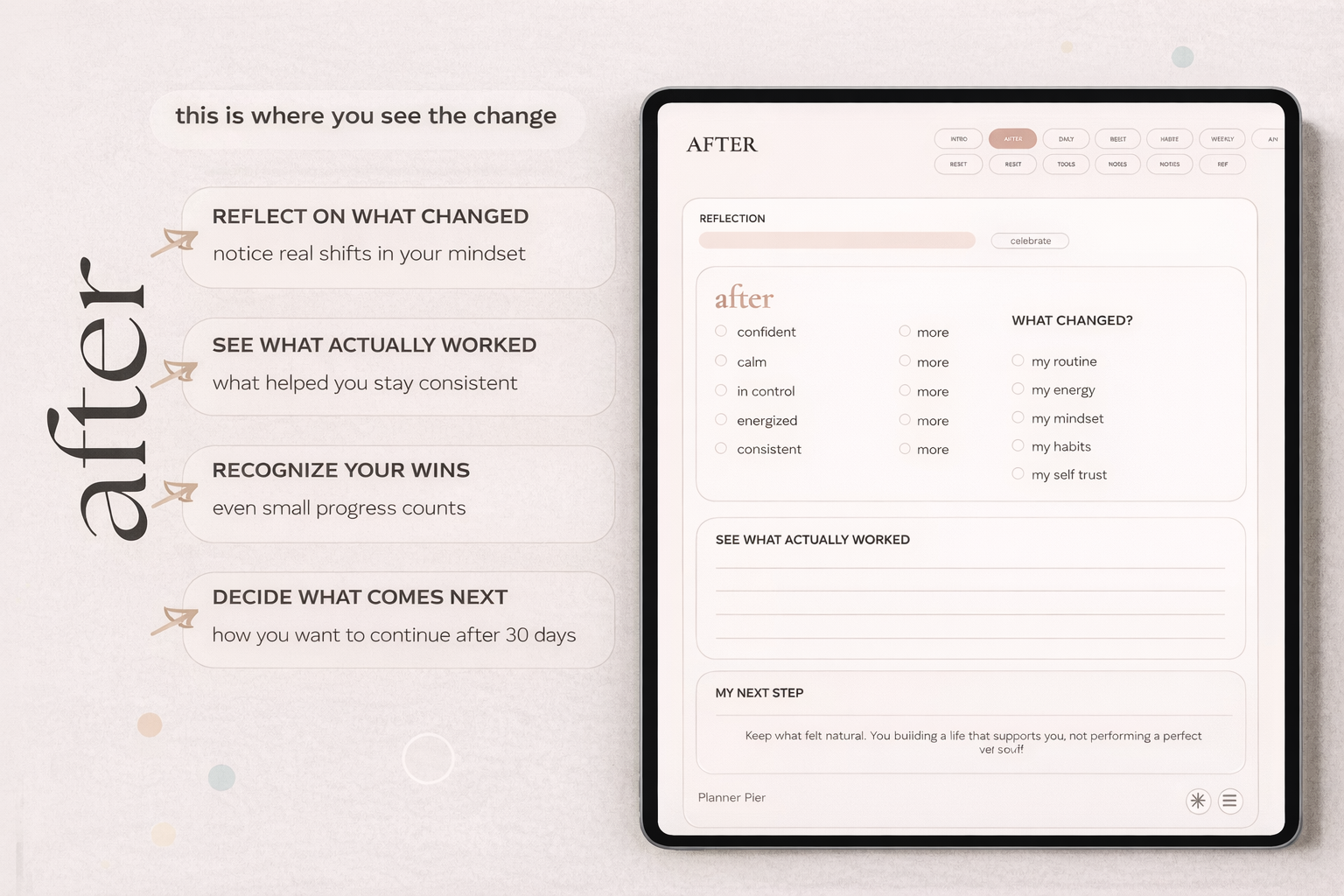 After reflection page for the digital glow up planner with prompts to review changes, notice progress, and choose next steps.
