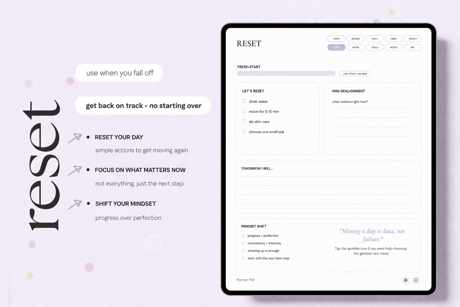 Reset page of the digital self-care planner with a quick reset checklist, mini realignment prompts, and mindset shift support.