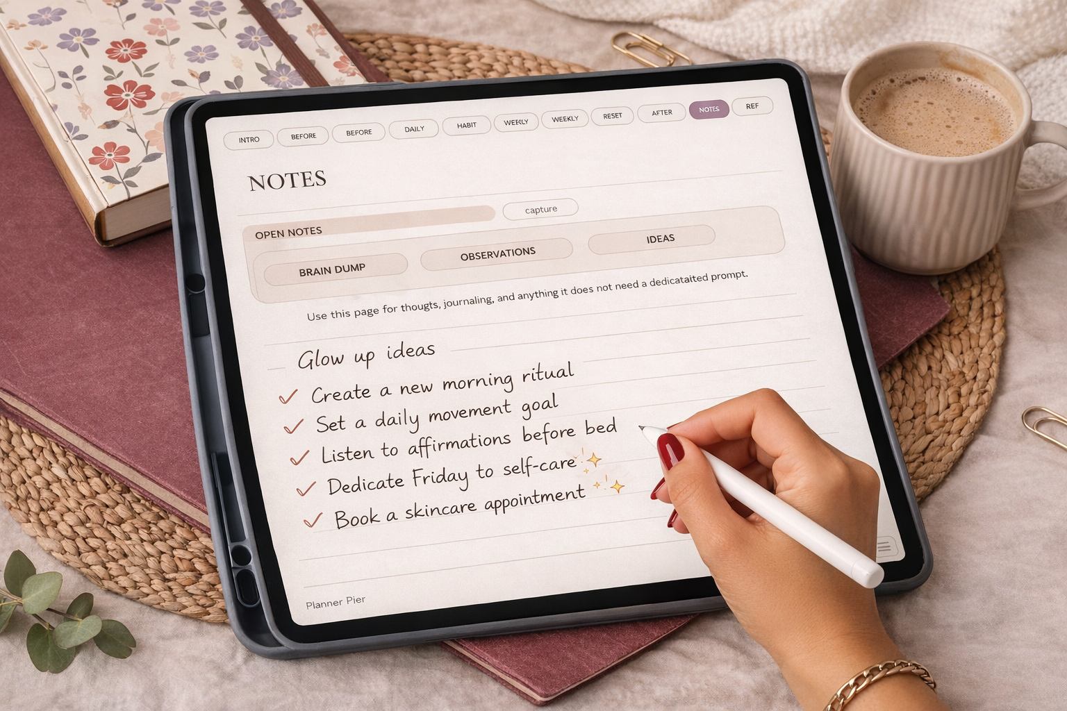 Lifestyle mockup of the glow up reset planner notes page on an iPad with handwritten ideas and a cozy self-care desk setup.