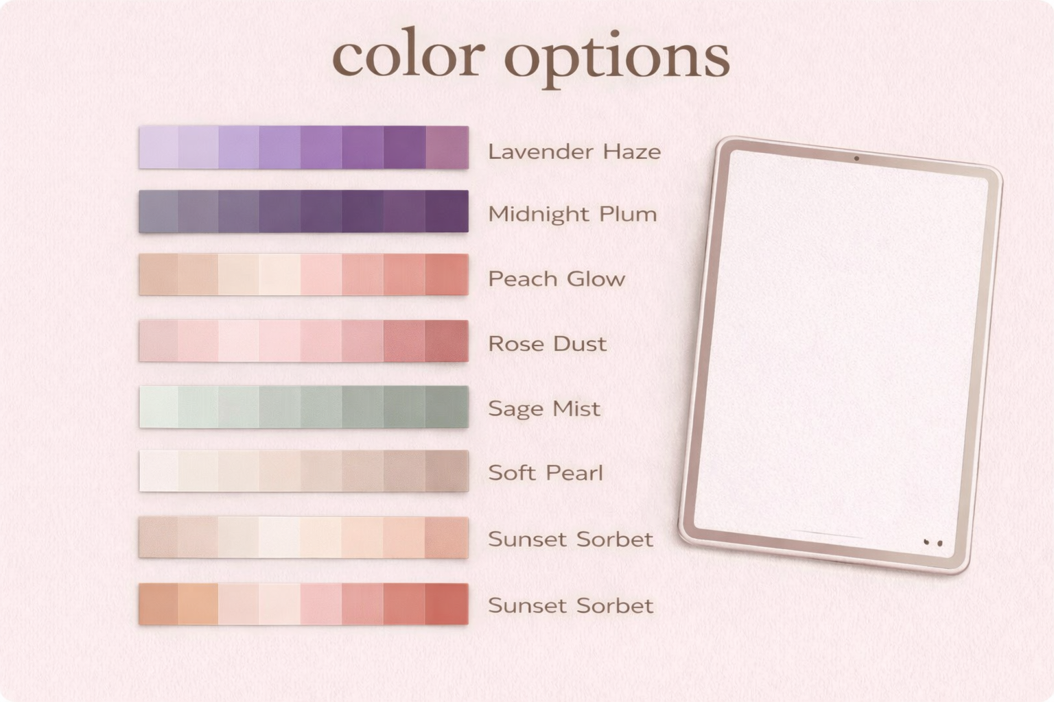 Color options chart for the glow up reset planner showing soft palette swatches beside a tablet mockup.
