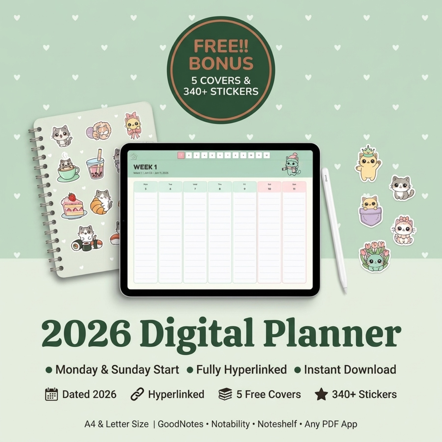 2026 Kawaii Cat Digital Planner hero image.