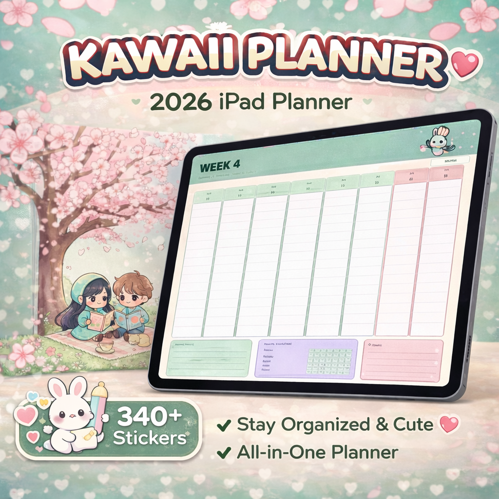 2026 Kawaii Cat Digital Planner hero listing image displayed in a pastel product mockup.
