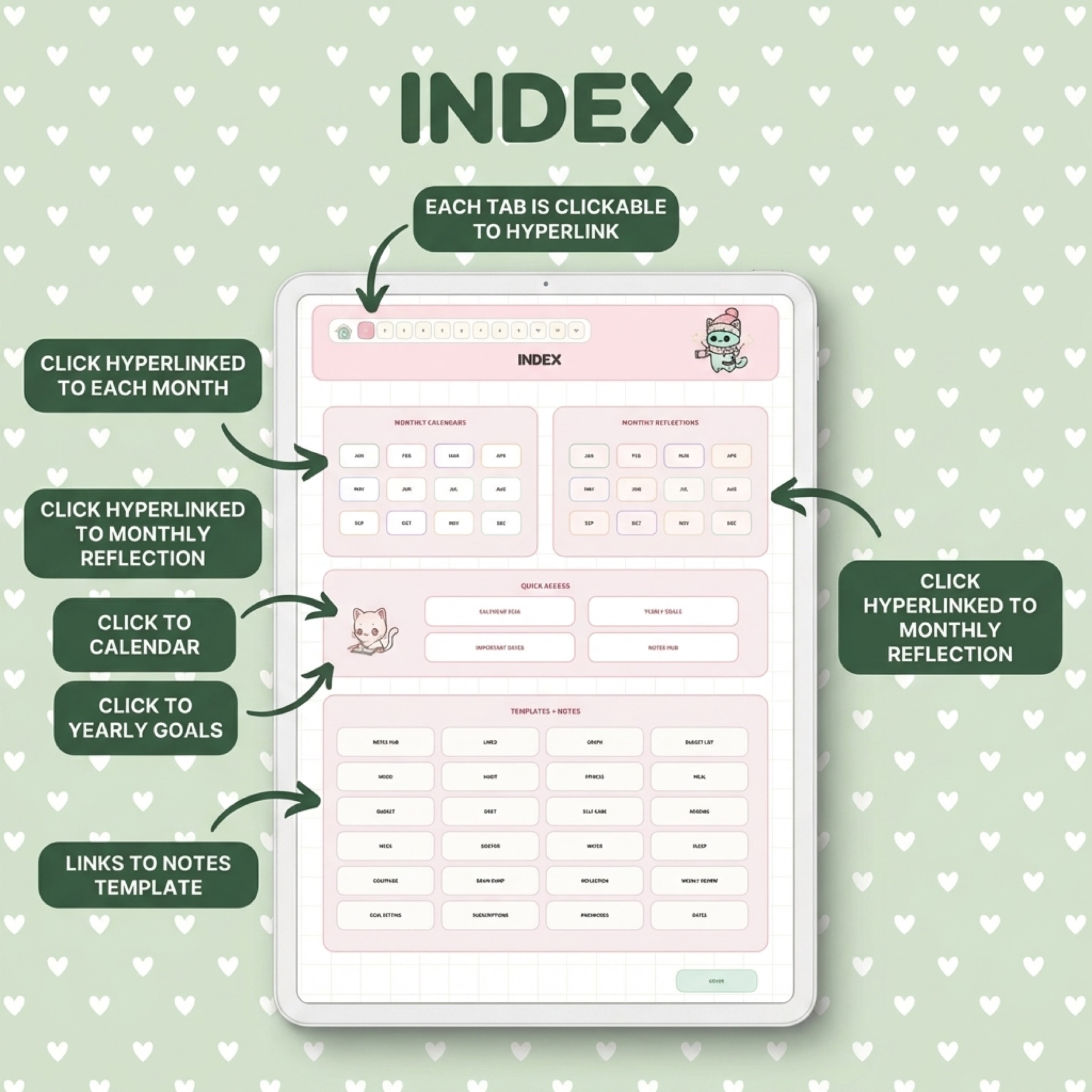 Index and tab organization for the 2026 kawaii cat planner.