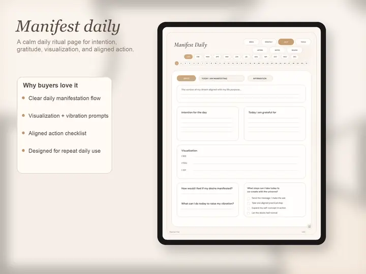 Manifestation Journal for GoodNotes listing image showing the daily manifestation page on a tablet mockup.