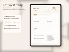 Daily manifestation journal page with prompts for intention, gratitude, visualization, and aligned action.