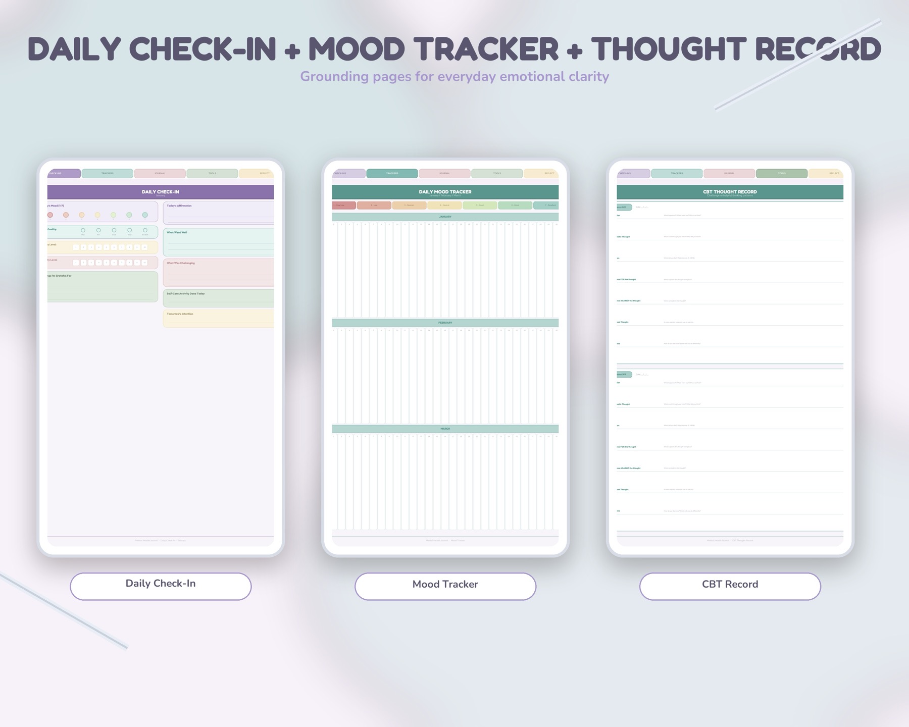 Daily mood tracker and CBT worksheet pages.
