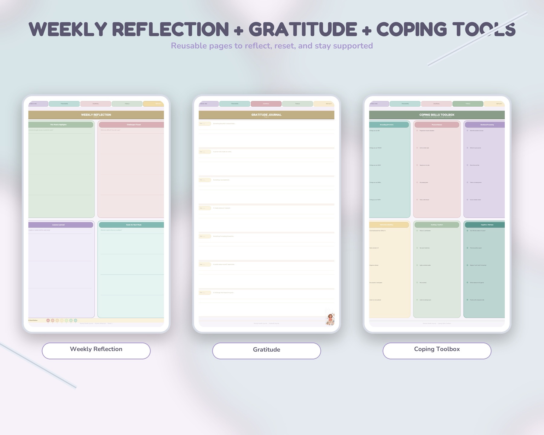 Reflection and gratitude layouts from the mental health journal.