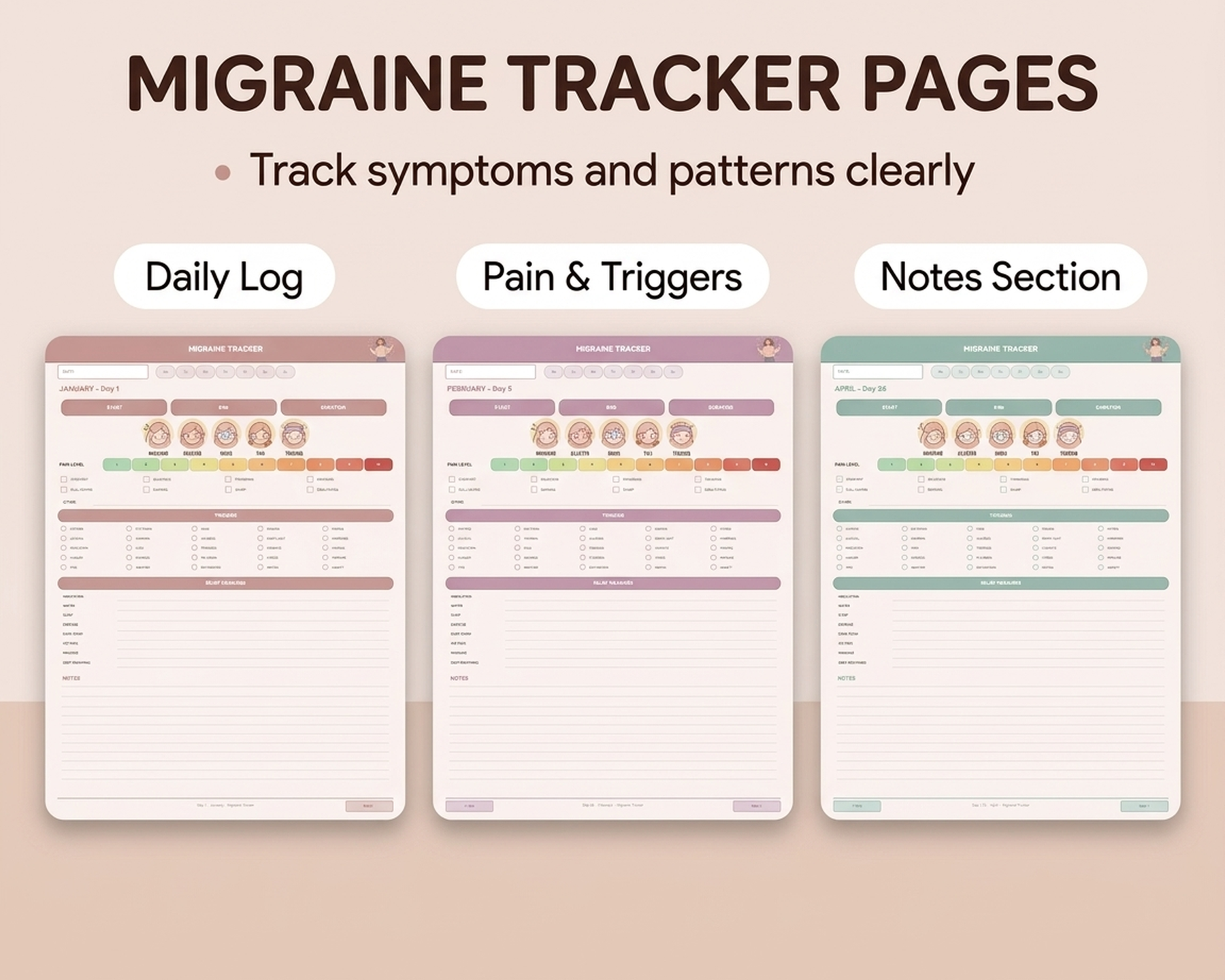 Sample migraine tracking pages included in the product.