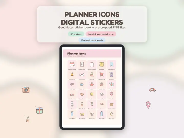 Planner Icons Digital Stickers pack showing 50 cute hand-drawn pastel icons.