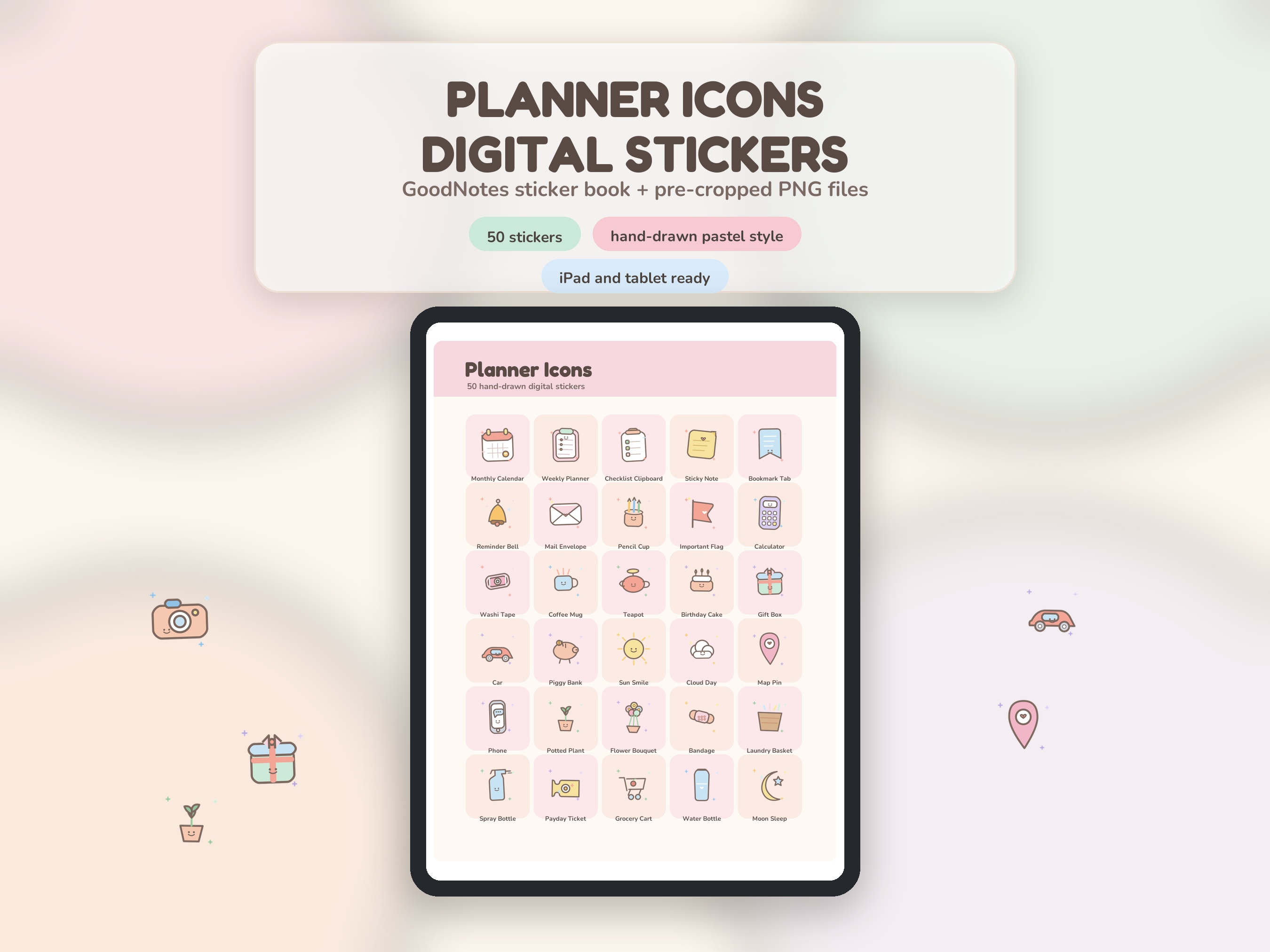 Planner Icons Digital Stickers hero image showing full sticker collection.