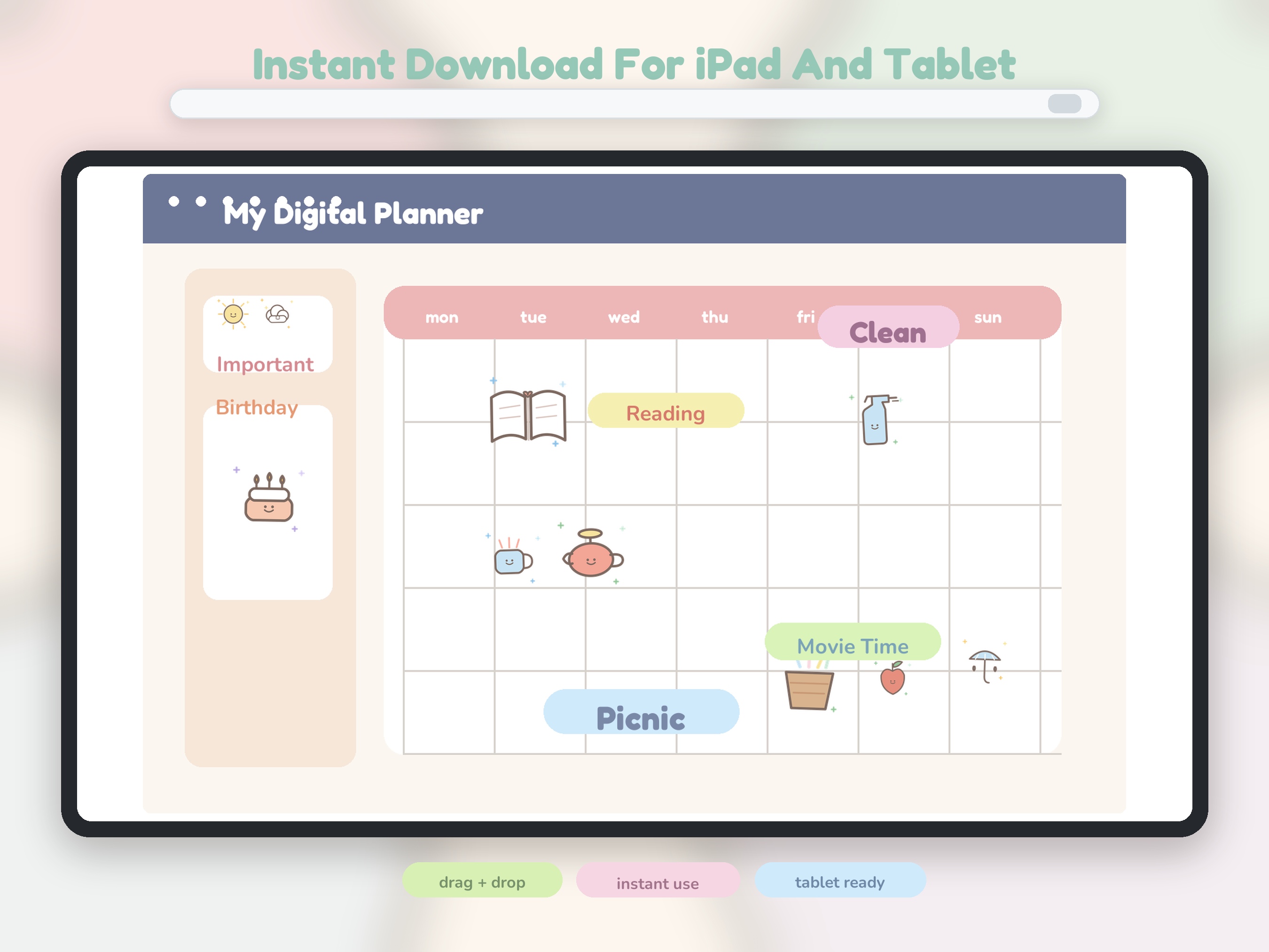 Stickers shown in use on a digital planner page.