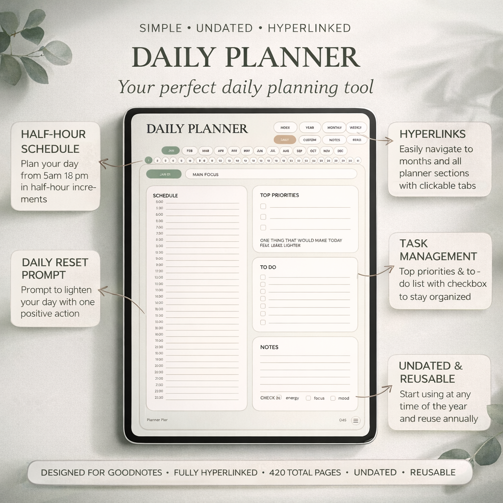 Daily planner page for GoodNotes with a half-hour schedule, top priorities, to-do list, notes section, and clickable tabs for easy navigation.