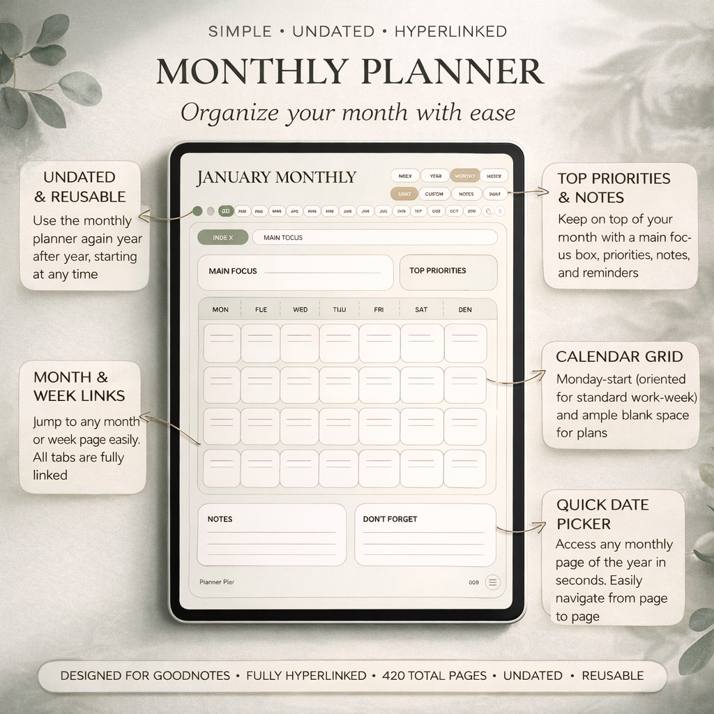 Monthly planner page for iPad with an undated calendar grid, main focus box, top priorities, notes, and quick month navigation.