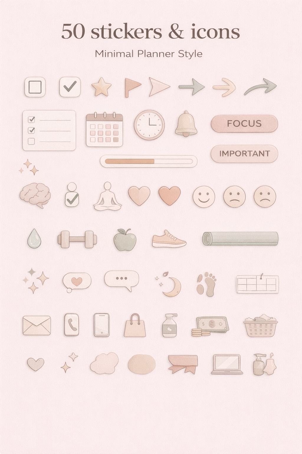 Minimal planner sticker sheet with soft neutral icons including checkboxes, stars, arrows, calendar, clock, focus labels, wellness icons, and daily planning symbols.