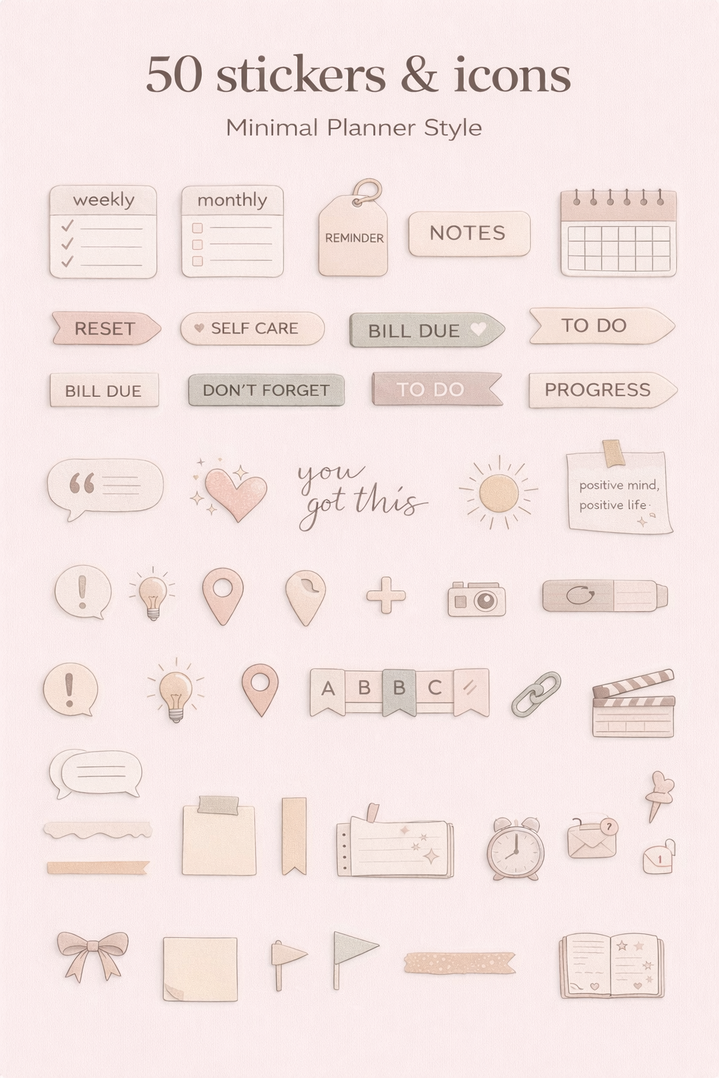 Second matching sticker sheet for a digital planner with labels, reminders, tabs, self-care icons, flags, notes, and decorative planner elements.