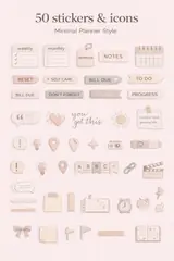 Second matching sticker sheet for a digital planner with labels, reminders, tabs, self-care icons, flags, notes, and decorative planner elements.