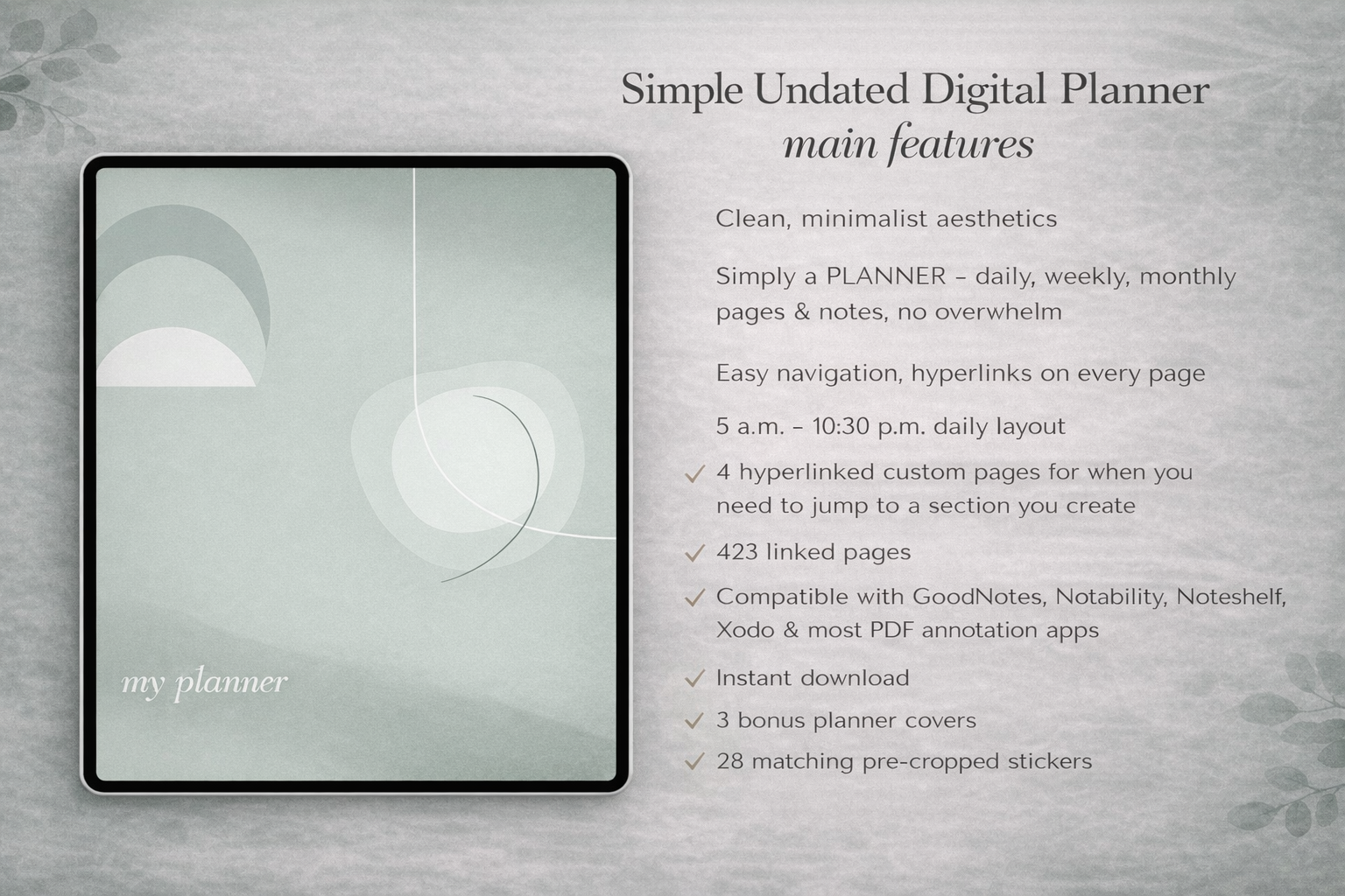 Feature overview image for a simple undated digital planner showing the abstract cover design beside key features, page count, compatibility, and bonus covers.