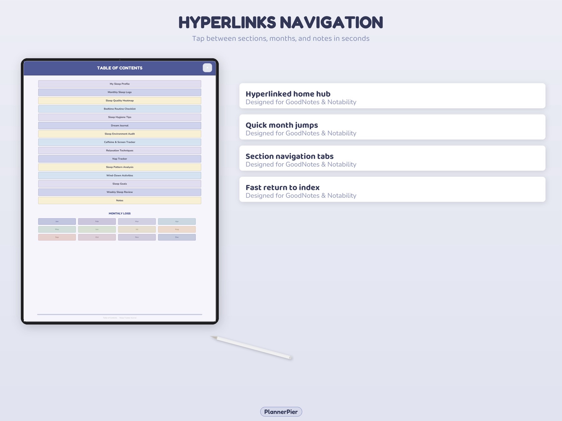 Sleep Tracker Journal hyperlinked navigation preview.