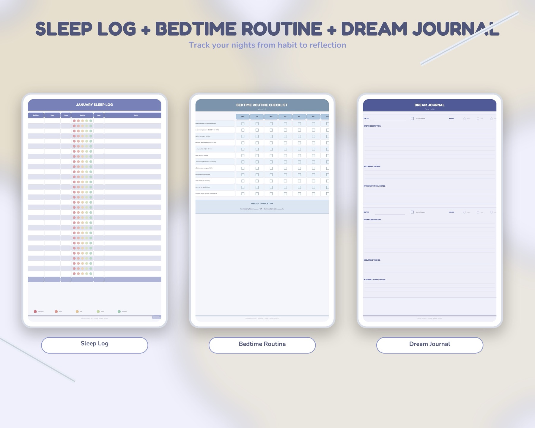 Sleep routine and dream journal pages.