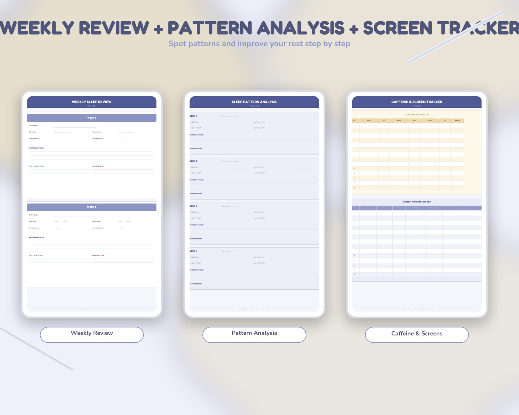 Sleep review, analysis, and screen time tracker pages.