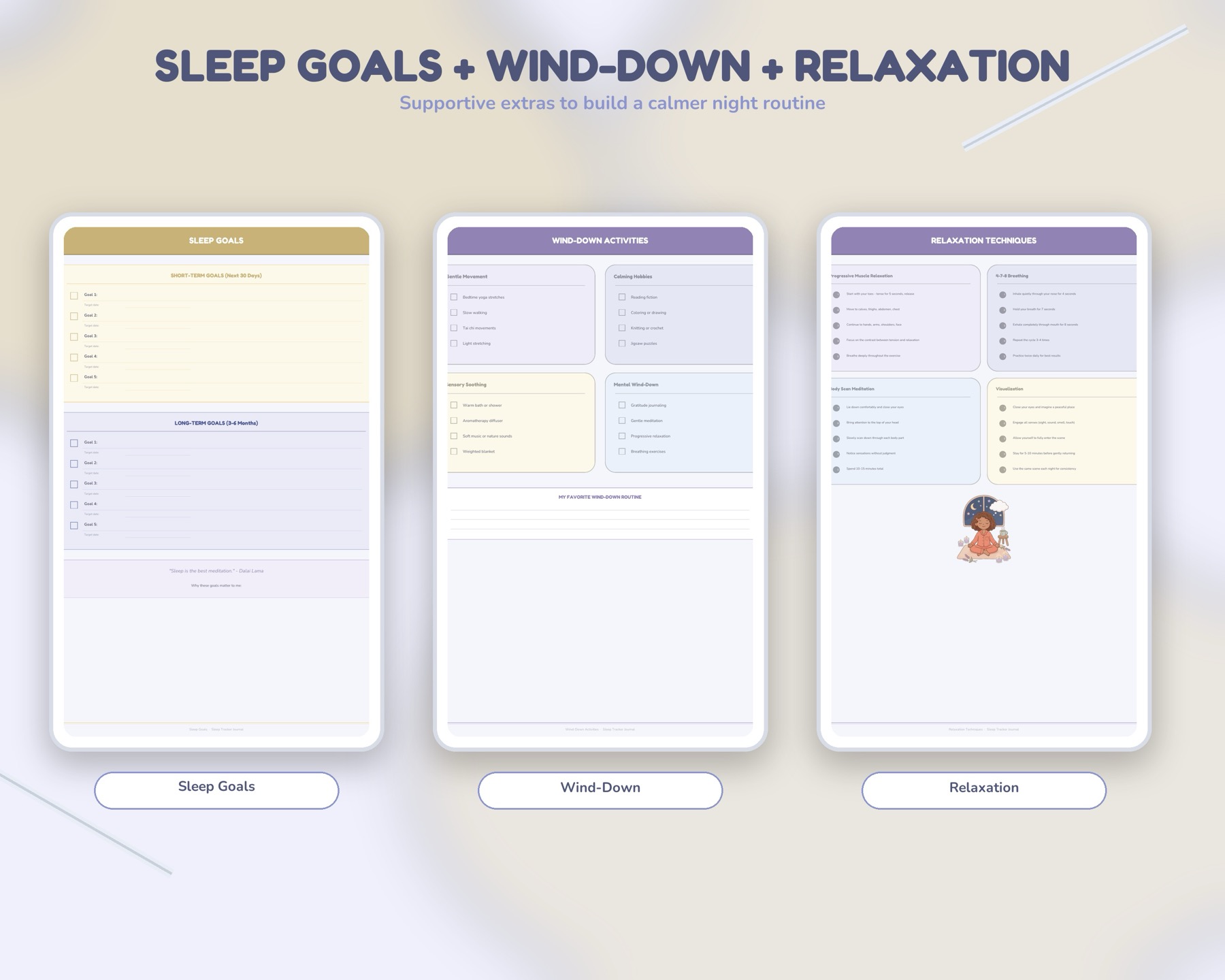Sleep goals, wind-down, and relaxation pages.