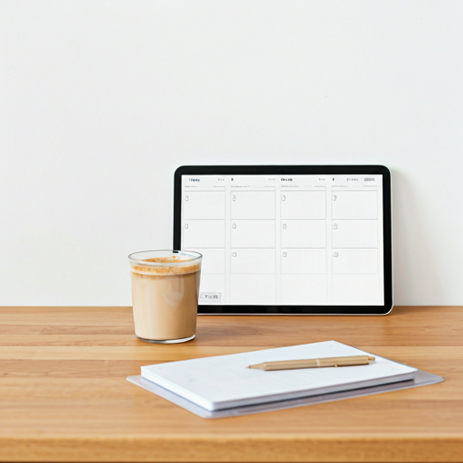 A cozy workspace with coffee and a digital planner on a tablet