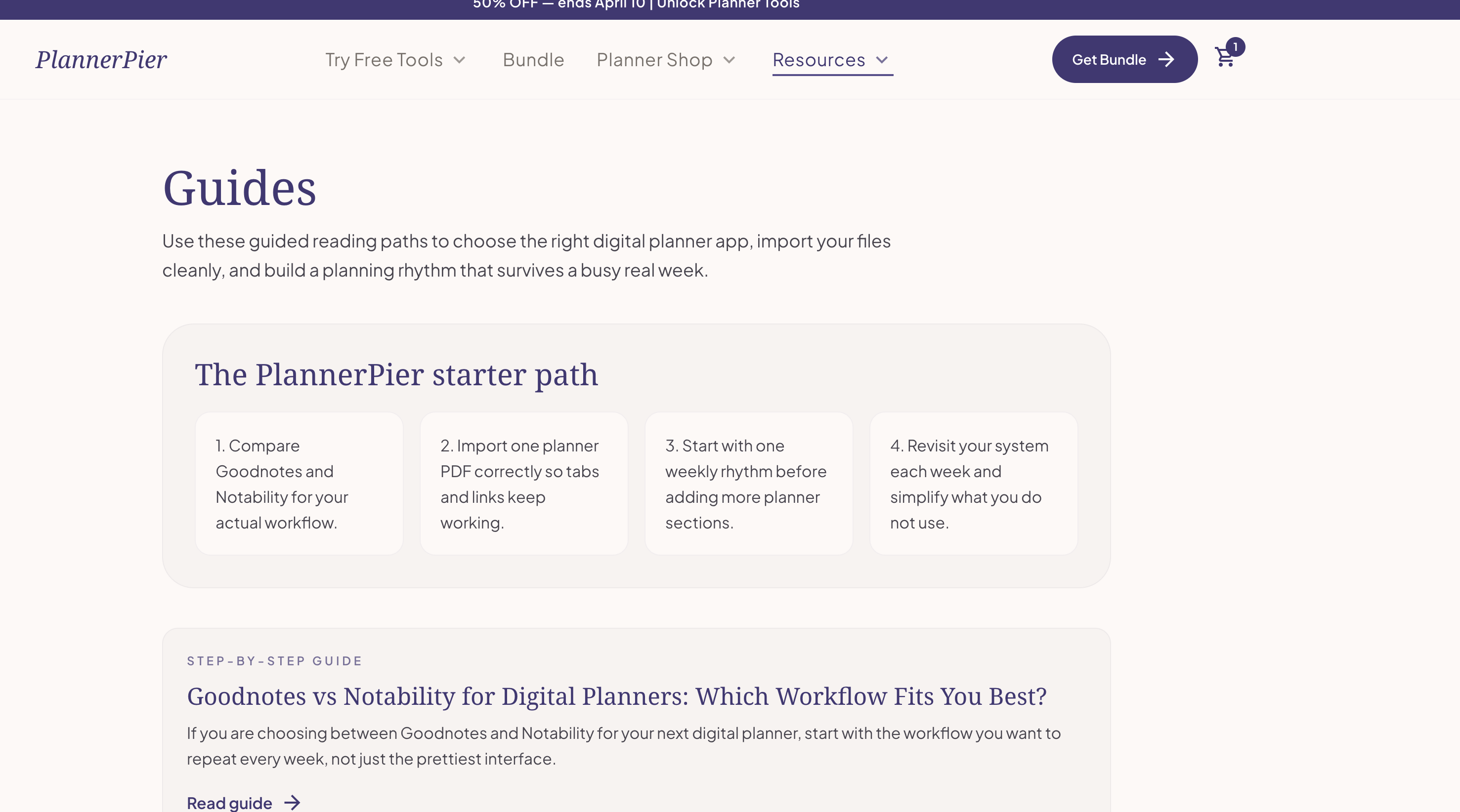 PlannerPier guides page screenshot showing the starter path and guide cards.