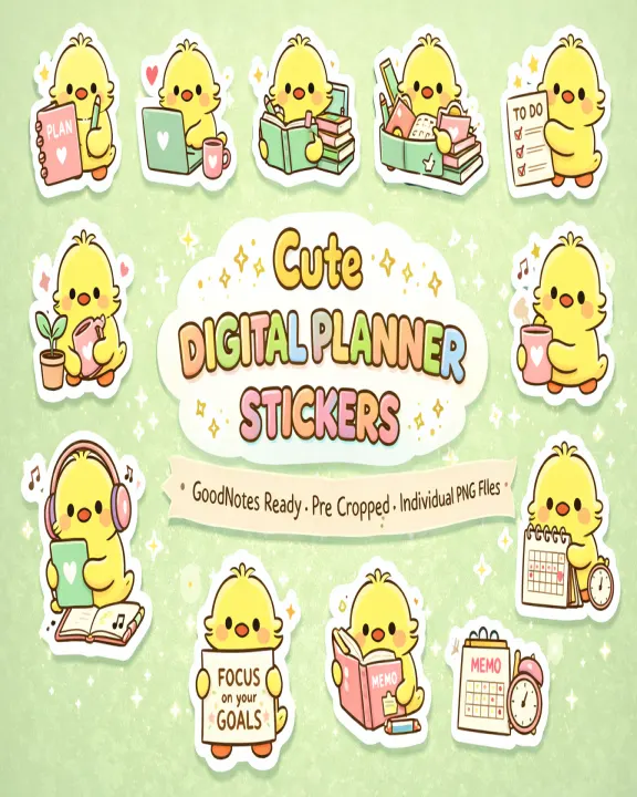 Cute Digital Planner Stickers pack with hand-drawn pastel kawaii icons.