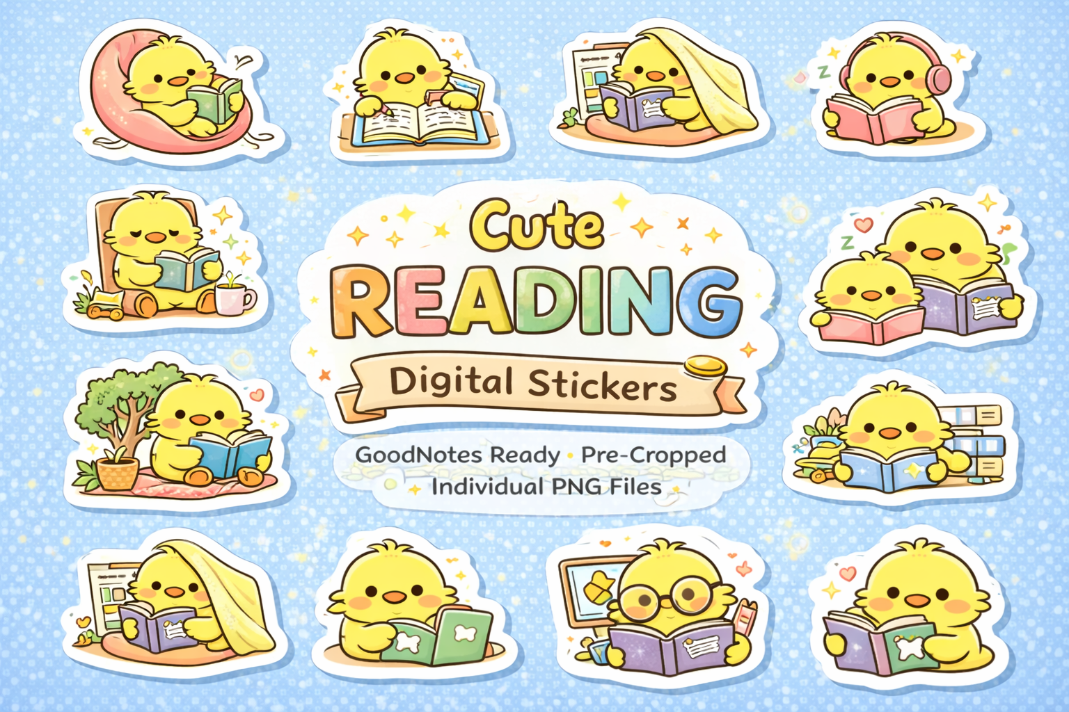 Cute Reading Digital Stickers hero image.
