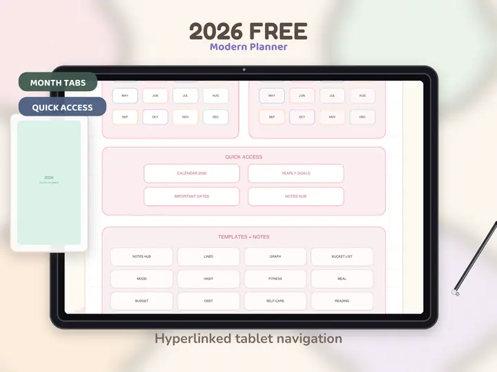 2026 Free Modern Planner listing hero on a modern tablet mockup.