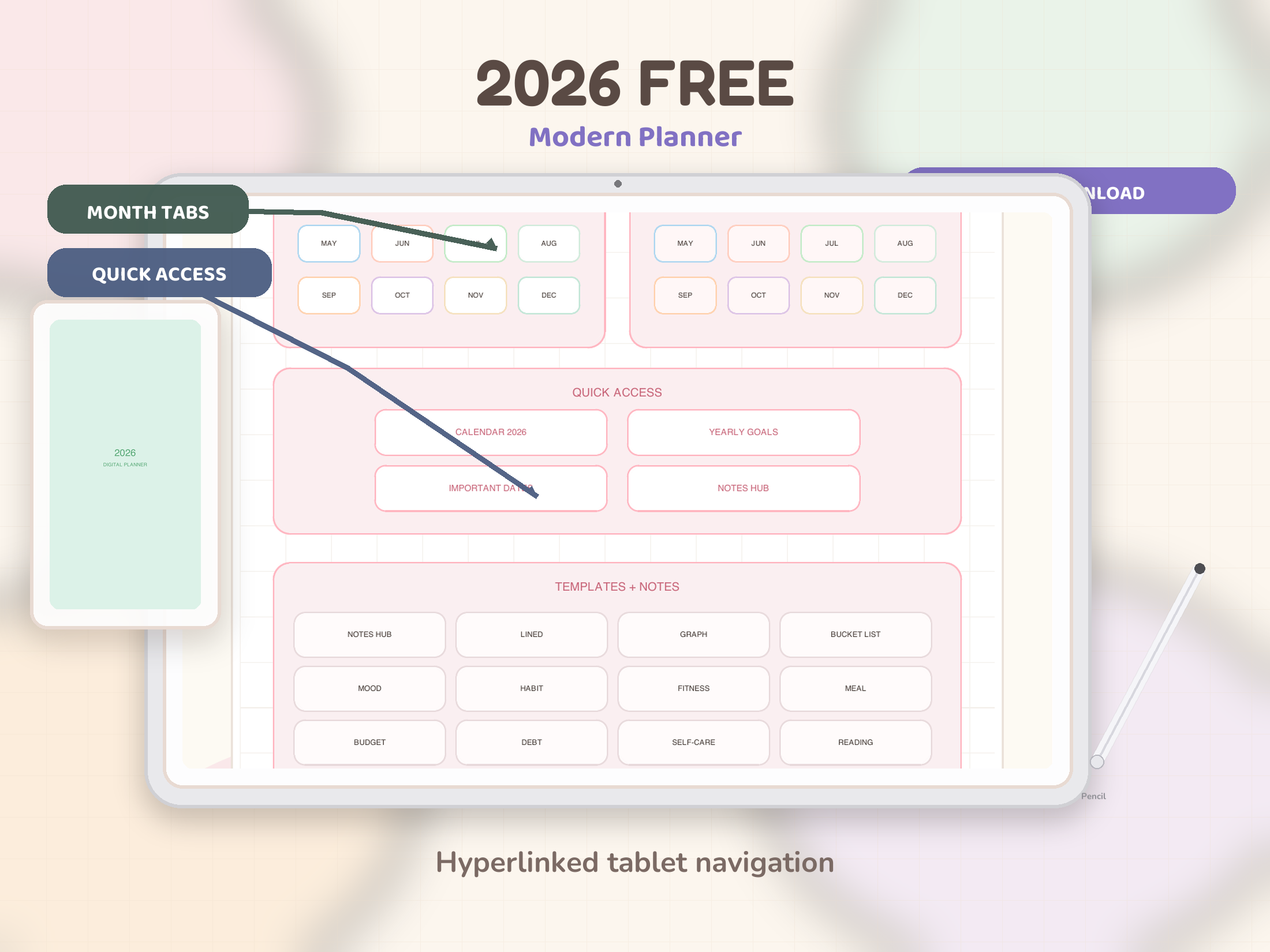 2026 Free Modern Planner listing hero on a modern tablet mockup.