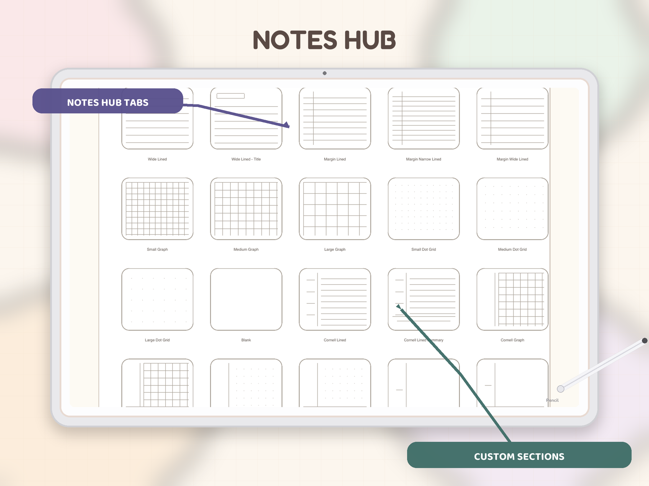 Notes Hub preview with tablet mockup and hyperlink callouts.