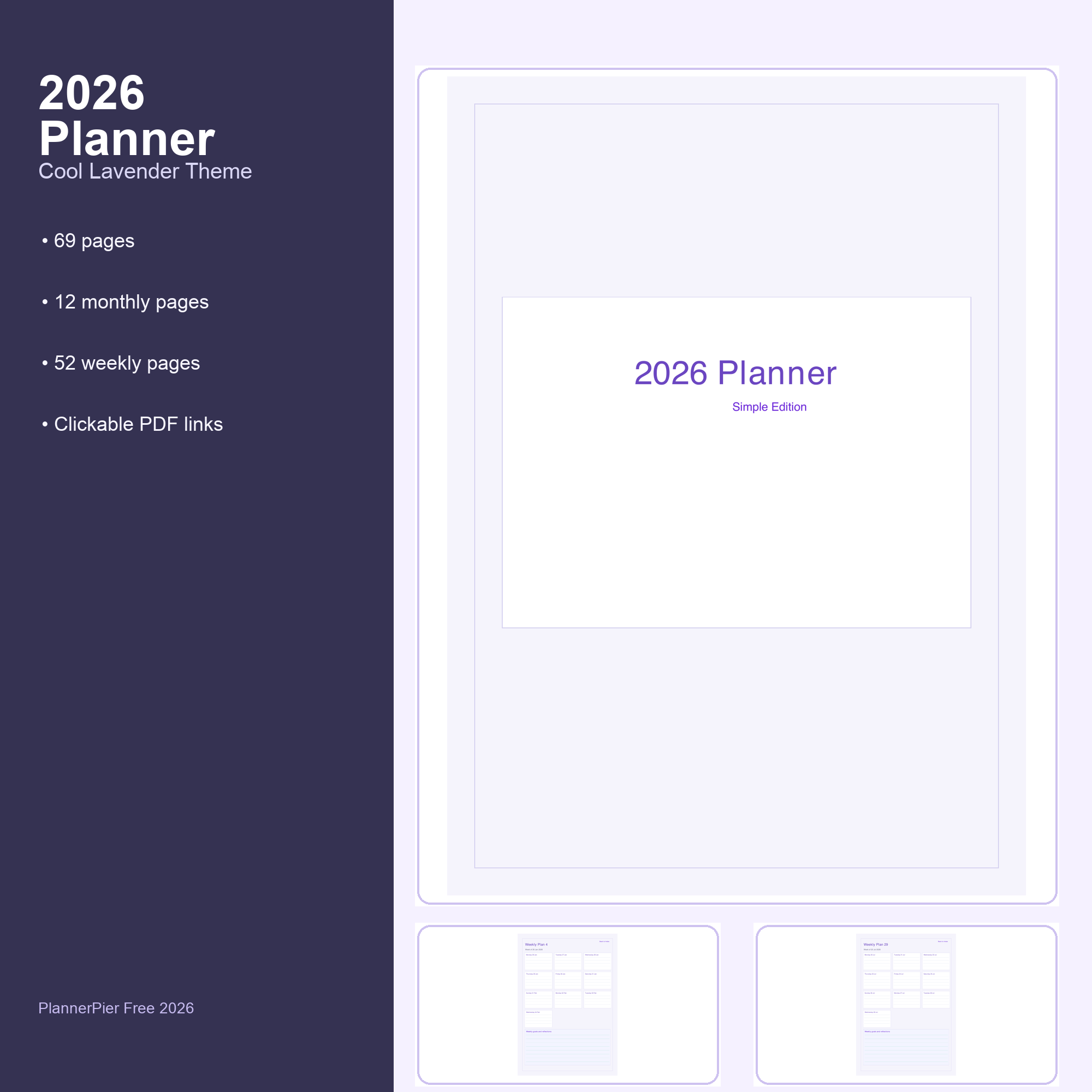 2026 Free Simple Planner Cool Lavender hero preview.