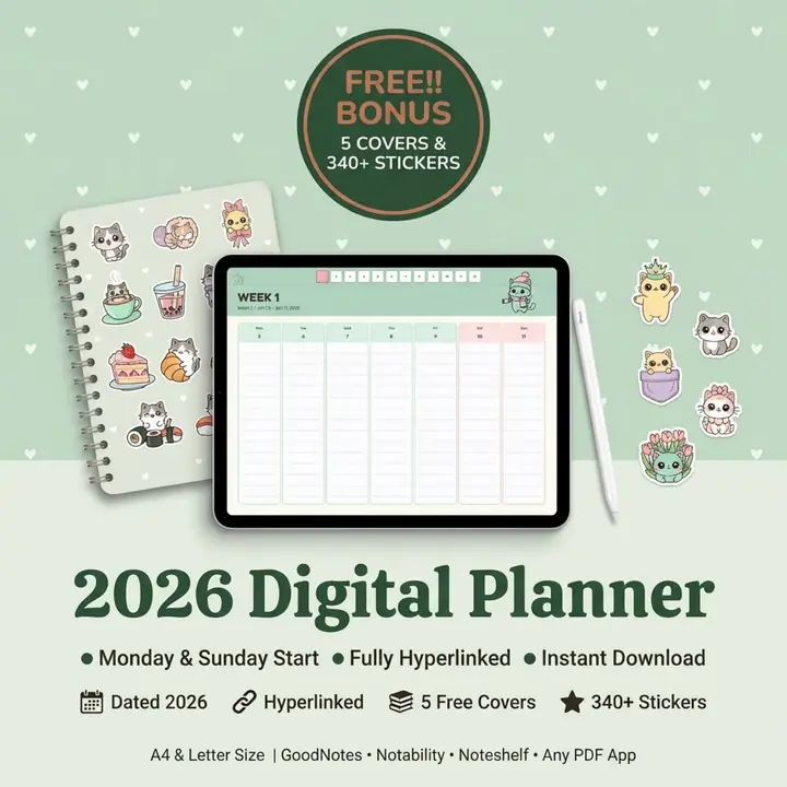 2026 Kawaii Cat Digital Planner hero listing image displayed in a pastel product mockup.